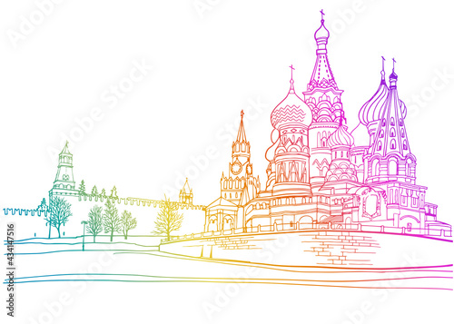 Urban landscapes with the old church. Nice views of the old Moscow. Hand drawn line art. Colorful vector illustration on white background. Without people. Postcards style. Travel sketch.
