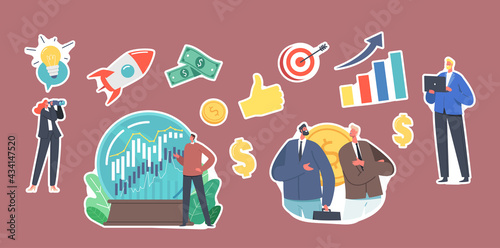 Set of Stickers Business Prediction, Forecast of Market Trends. Business Characters, Crystal Globe with Stock Chart