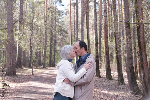 Elderly interracial couple hugging in a spring forest park. A woman kissing a man on the cheek. © IrinaK