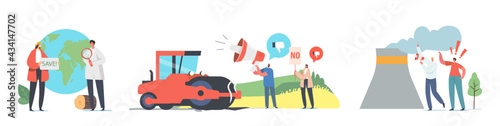 Set Save Planet Theme. Characters Prevent Global Warming. People a Earth Globe, Factory Pipes Emitting Smoke, Riot