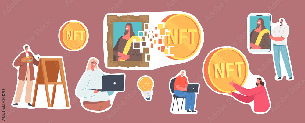 Set of Stickers Non Fungible Token Theme, Characters Use NFT Digital Transaction for Buying Masterpieces in Cyber Space Set of Stickers Non Fungible Token Theme, Characters Use NFT Digital Transaction for Buying Masterpieces in Cyber Space