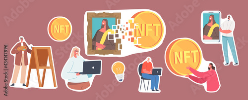 Set of Stickers Non Fungible Token Theme, Characters Use NFT Digital Transaction for Buying Masterpieces in Cyber Space