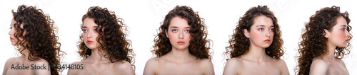 Set of portraits collage brunette with curly hair . Close-up portrait of a sexy, beautiful woman standing on white background. Different angle view of a face.