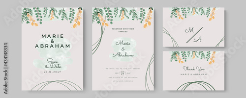 Watercolor Wedding Invitation template card With Beautiful Foliage. Wedding invitation suite with wild nature landscape watercolor. Mothers day beautiful floral cards. Watercolor flowers frame vector 