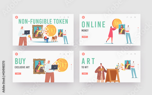 Non Fungible Token Landing Page Template Set. Characters Use Cryptocurrency, Digital Transaction for Buying Masterpieces