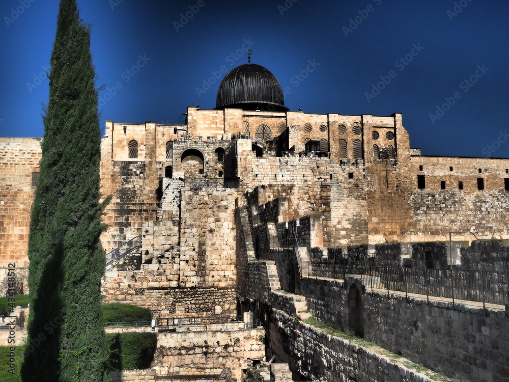 La mosquée Al -Aqsa et les fortifications de la vieille ville de Jérusalem, Israel, Palestine