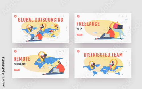 Global Outsourcing Landing Page Template Set. Businesspeople with Laptop Sitting at Navigation Pins on World Map