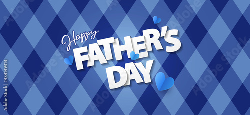 Fathers Day greeting card, banner, poster or flyer design with origami hearts and text Happy Father's Day in paper cut style on blue background with argyle pattern.