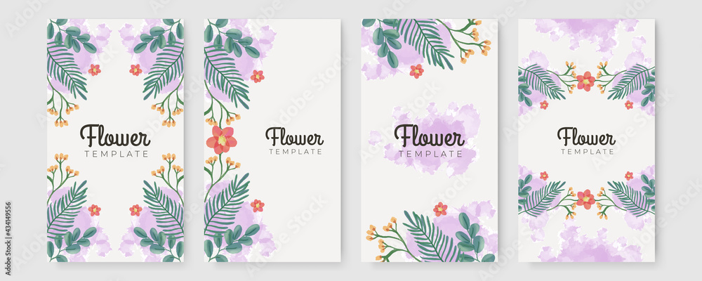 Trendy universal flower floral story templates with green watercolor leaves. Suitable for social media posts, mobile apps, cards, invitations, banners design and web/internet ads.
