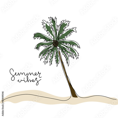 Continuous one line drawing of palm tree with coloring and handwritten text Summer Vibes.
