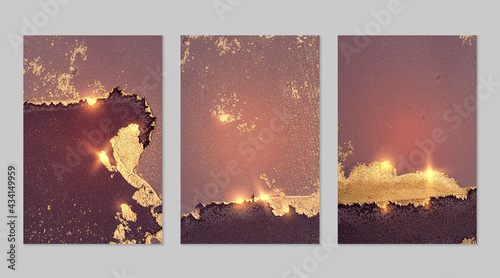 Maroon, mauve and gold pattern with texture of geode and sparkles. Abstract vector background in alcohol ink technique. Modern paint with glitter. Set of backdrops for banner, poster design. Fluid art