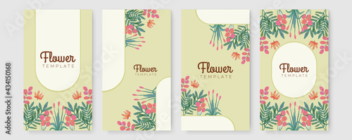 Trendy universal flower floral story templates with green watercolor leaves. Suitable for social media posts, mobile apps, cards, invitations, banners design and web/internet ads.