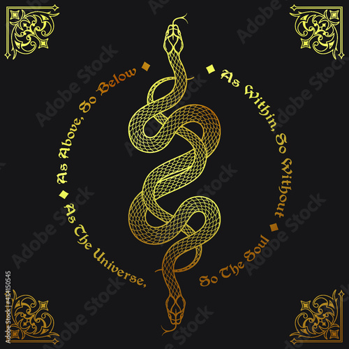 Two gold serpents intertwined. Inscription is a maxim in hermeticism and sacred geometry. As above, so below. Tattoo, poster or print design vector illustration