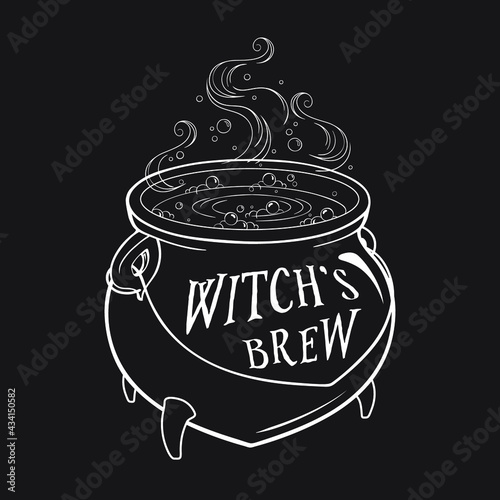 Boiling magic cauldron vector illustration. Hand drawn wiccan design, astrology, alchemy, magic symbol or halloween design