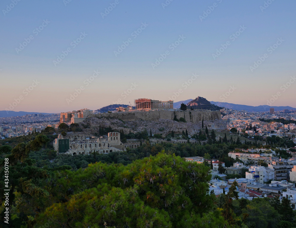 Acropolis of Athens Greece under dramatic sky, scenic view