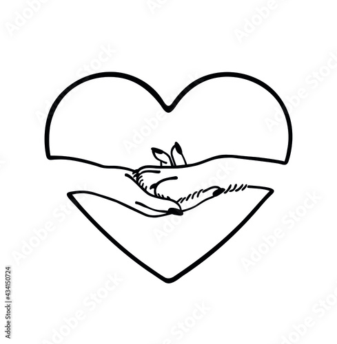 Vector black heart shape with woman hand holding dog paw drawing outline silhouette illustration. Pet. Puppy. Best friend. Sticker,Tattoo,T shirt print, laser plotter cutting.I love dogs icon symbol .