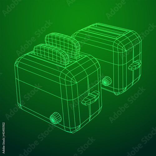 Toaster with two fried pieces of loaf prepared for a breakfast. Wireframe low poly mesh vector illustration.