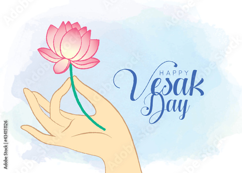 Happy vesak day or buddha purnima greeting card. Hand of buddha holding lotus flower on blue watercolor background. (translation: Vesak day)