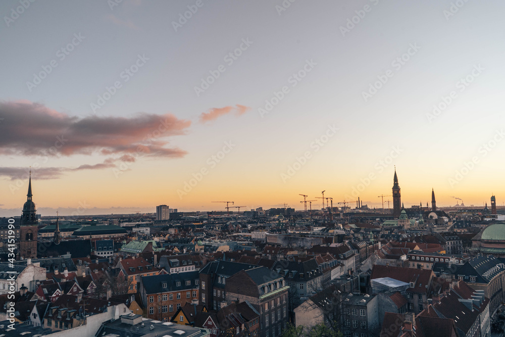 view of the city of Copenhagen at sunset
