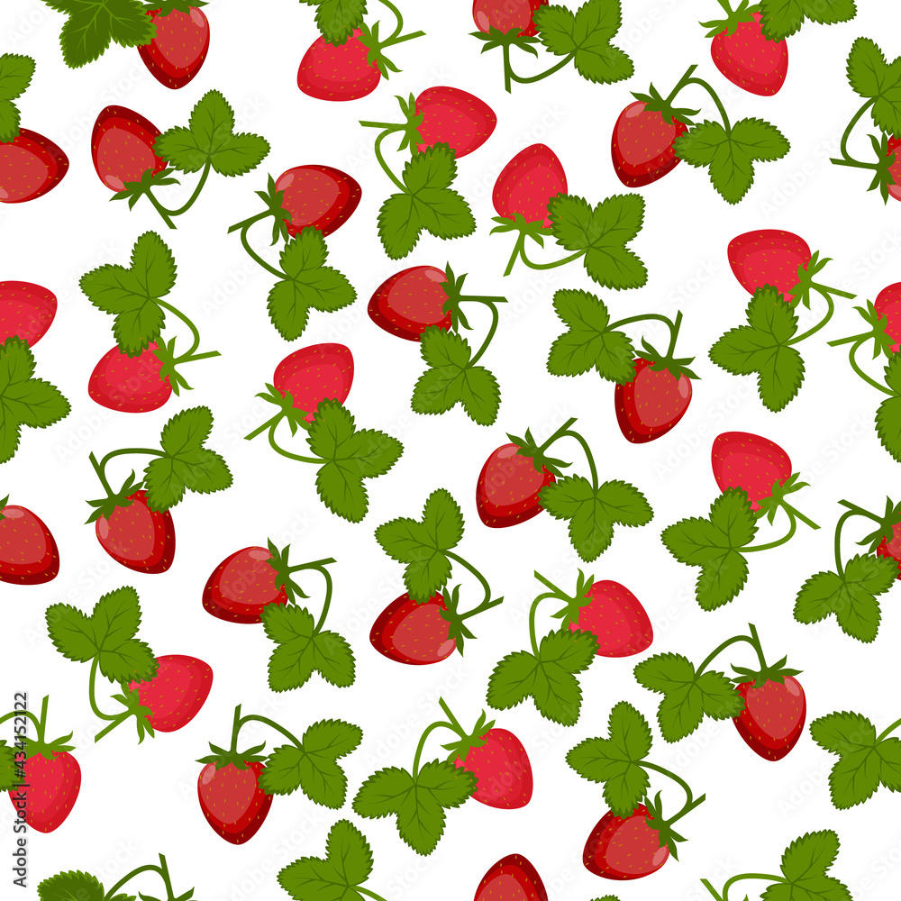 Strawberry juicy summer seamless pattern with a picture of a ripe red strawberry with green leaves. Summer print. Vector illustration on white background. Strawberry juicy summer seamless pattern with a picture of a ripe red strawberry with green leaves. Summer print. Vector illustration on white background.