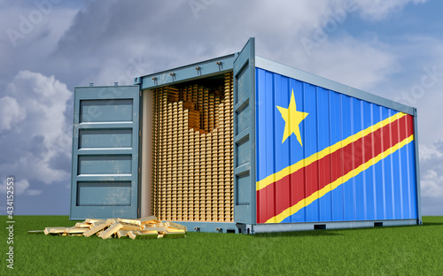 Freight Container with Democratic Republic of the Congo flag filled with Gold bars. Some Gold bars scattered on the ground - 3D Rendering