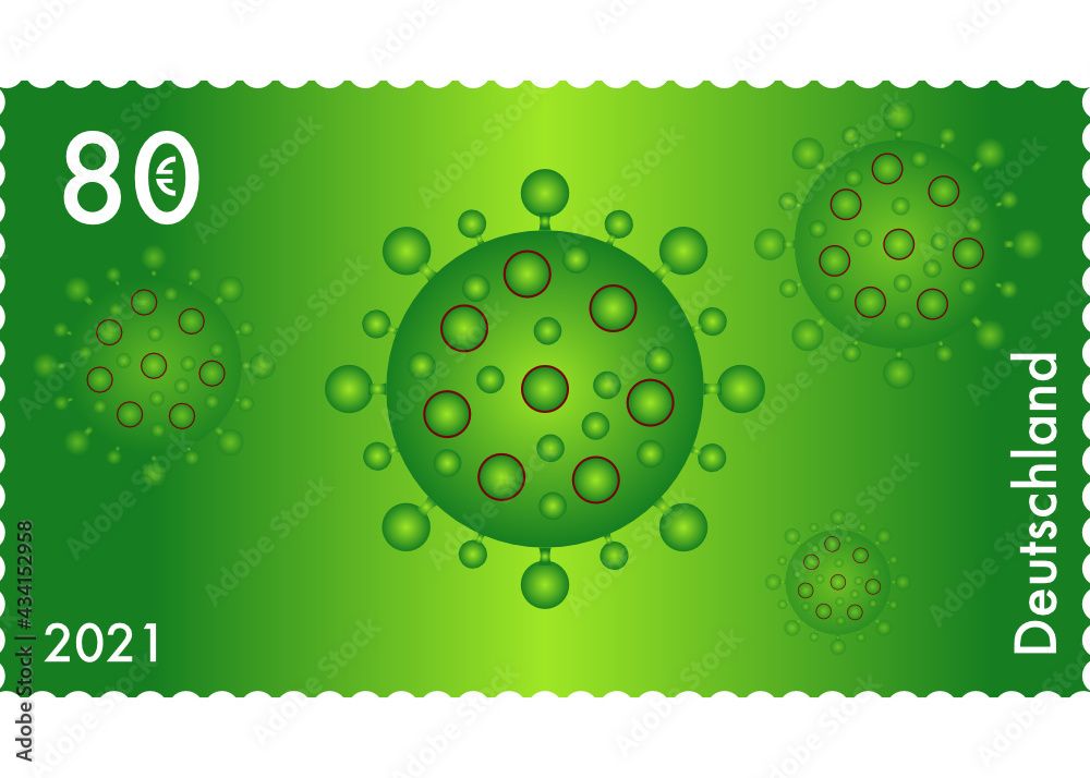 Grüne Briefmarke mit Motiv von grünen Corona Viren Grüne Briefmarke mit Motiv von grünen Corona Viren