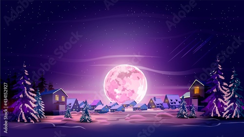 Night beautiful landscape with winter city, trees, mountain and Moon. Shine with purple moon, snow and violet sky. Landscape background for your arts