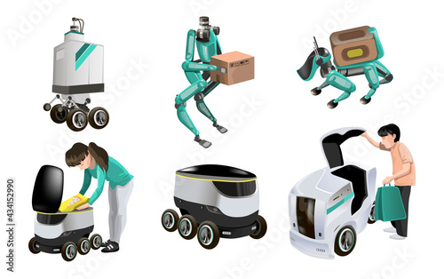 Collection with modern robots delivery methods. Robots with boxes and fast delivery of goods in the city. Technological shipment innovation concept. Modern isometric vector illustration. Isolated