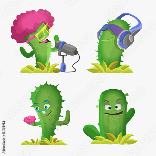 Cactuses cute kawaii vector characters. Plants with smiling faces. Cactus in headphones, cactus sings and funny face. Funny emoji, emoticon set. Isolated cartoon color illustration