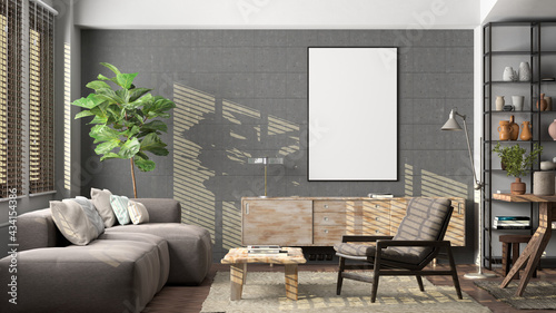 Vertical blank poster mockup on concrete wall in interior of living room.