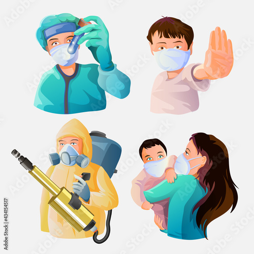 A collection of people during the epidemic. A doctor in a medical bandage, child with a stop gesture, young mother with a child in bandages, disinfector man in a chemical suit