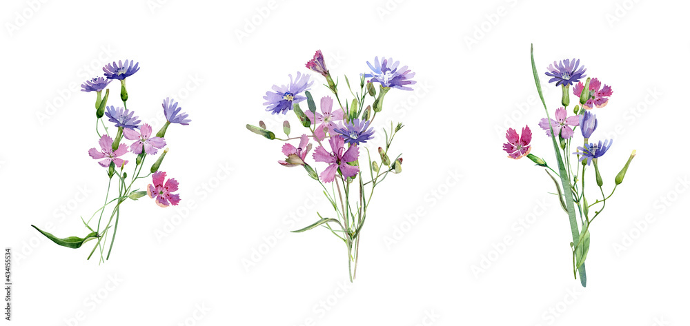 Three watercolor bouquets of wild pink and blue flowers isolated on white background 