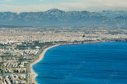 Top view of Konyaalti beach and Antalya city from Tunektepe mountain, Turkey.