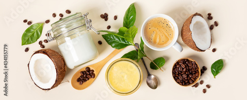 Tableau sur toile Ingredients for paleo style and ketogenic bulletproof coffee, , paleo, keto, ketogenic drink breakfast