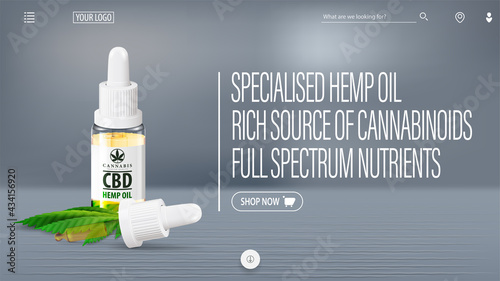 Gray banner for website with CBD oil bottle, pipette, hemp leaf and interface elements of website