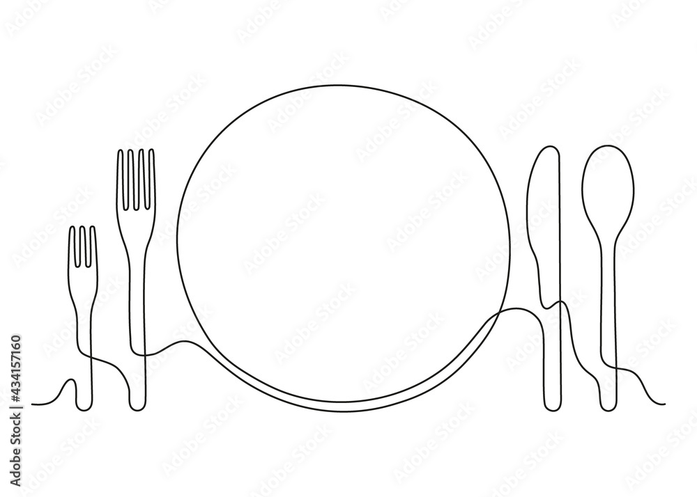 Plate lunch with fork and spoon for food, continuous outline. Plate