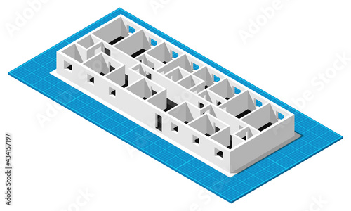 Isometric blueprint house floor plan simple flat vector illustration.