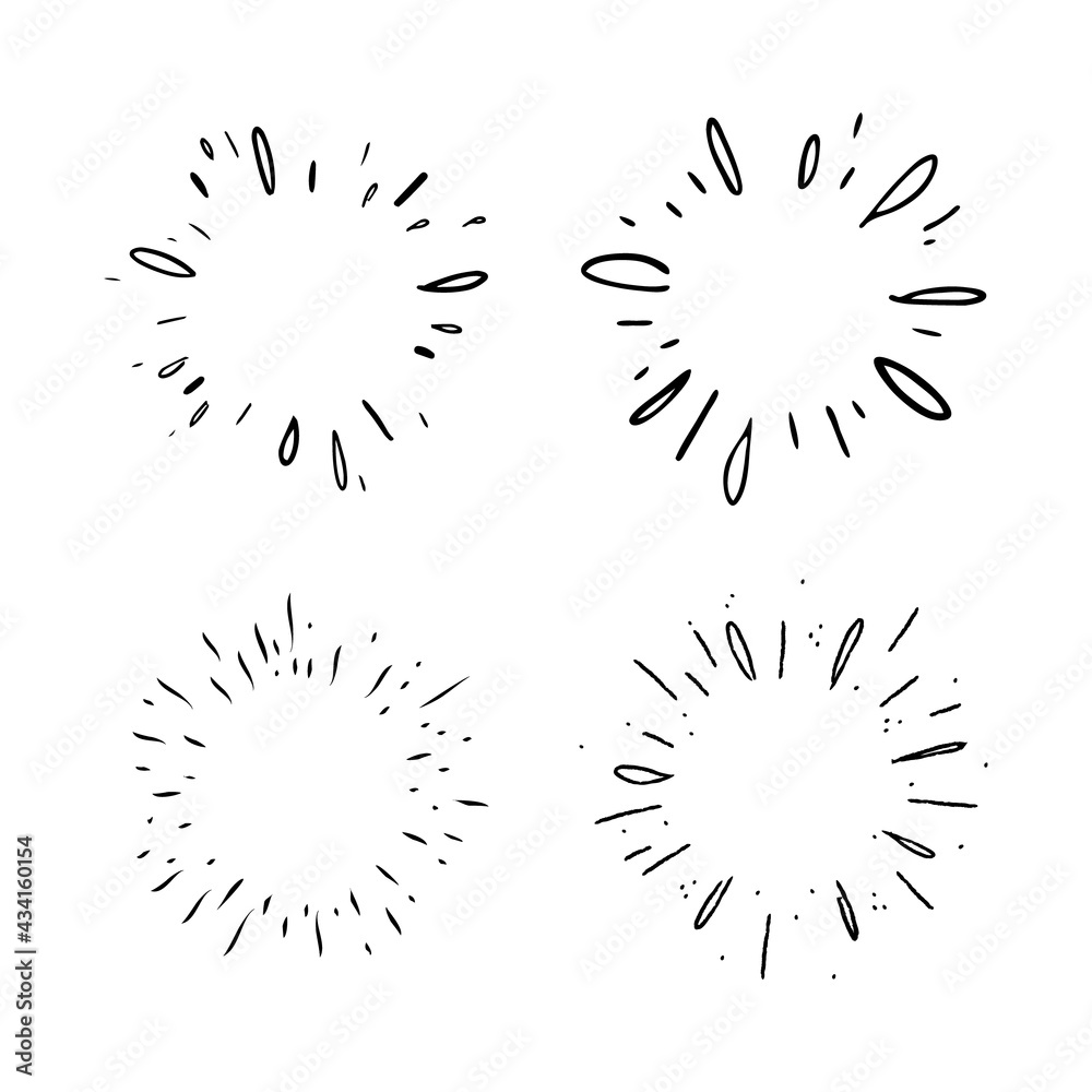 Star burst hand drawn doodles. Sunburst graphic design set. Handmade radial starburst illustrations. Star burst hand drawn doodles. Sunburst graphic design set. Handmade radial starburst illustrations.
