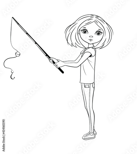 Cute girl holding a fishing rod. Coloring page. Cartoon clipart  for kids. Vector illustration.