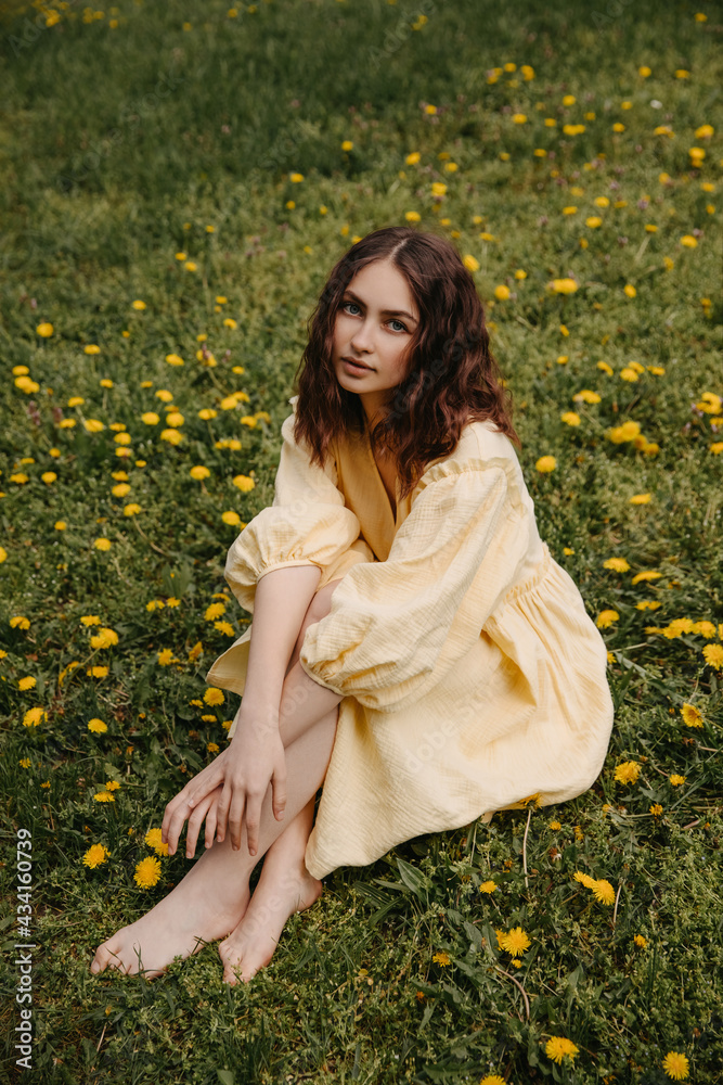 Fototapeta premium Young barefoot woman wearing a yellow muslin dress, sitting in a field with dandelions.