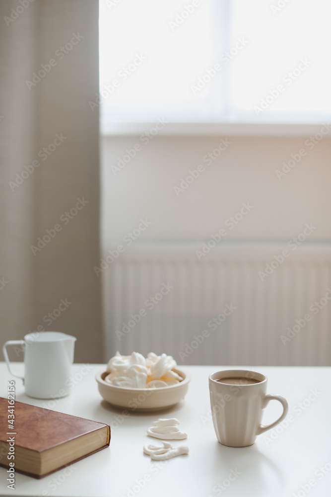 breakfast with a cup of coffee on a white table top view, flat lay breakfast with a cup of coffee on a white table top view, flat lay