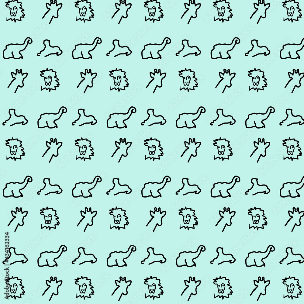 Modern pattern animal outline drawing elephant, panther, lion, giraffe in one  black line on turquoise background e.g. for baby fabric, wallpaper, packaging