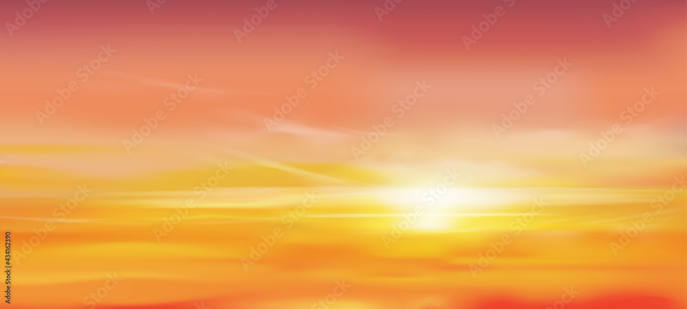Sunrise in Morning with Orange,Yellow and Pink sky, Dramatic twilight landscape with Sunset in evening, Vector mesh horizon Sky  banner of Sunset or sunlight for four seasons background
