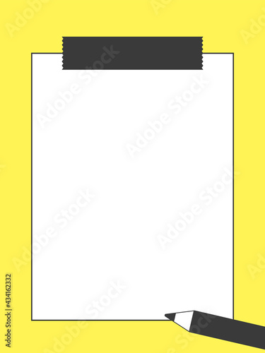 メモ用紙のフレーム素材、イラスト （マスキングテープ、鉛筆、モノクロ、黄色背景、縦長ver）