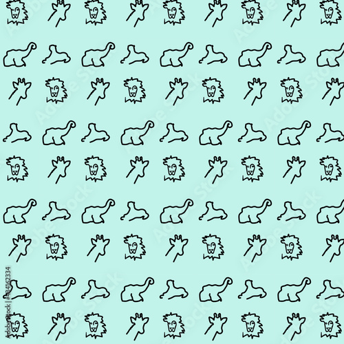 Modern pattern animal outline drawing elephant, panther, lion, giraffe in one black line on turquoise background e.g. for baby fabric, wallpaper, packaging