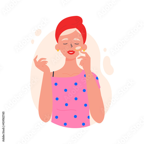 Beauty routine. Beautiful young lady. Gua sha spa procedure. Face anti aging skin care method. Hand drawn trendy vector illustration. 