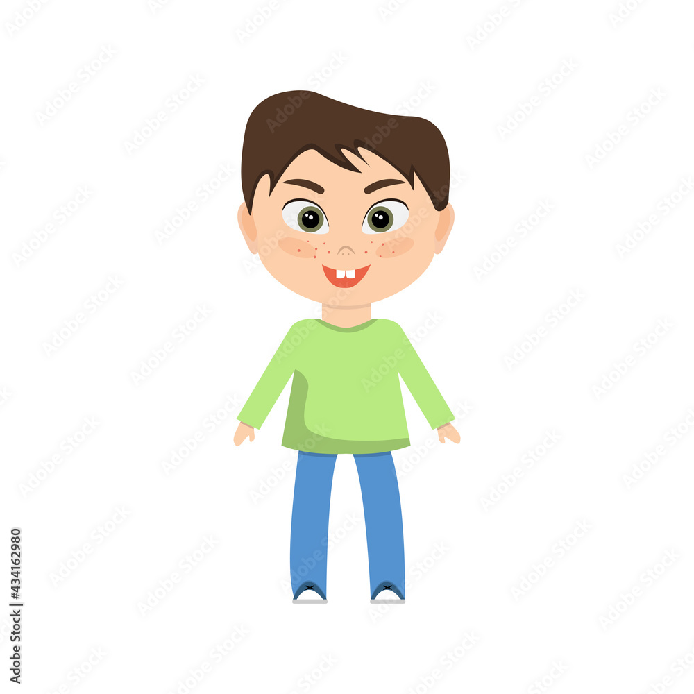 Cheerful cartoon boy with freckles. Vector illustration