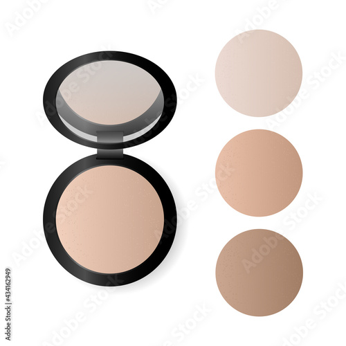 Cosmetic powder for the face with a mirror. Several shades from light to dark. Vector illustration