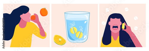 Ascorbic acid or vitamin C set. Effervescent tablet dissolves in a glass of water. Lemon Slice is a natural nutrient.Woman eats orange.Bio supplement for the Immune System.Girl takes complex pills