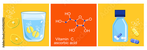 Ascorbic acid or vitamin C. Chemical formula.Effervescent tablet dissolves in a glass of water. Lemon Slice is a natural nutrient.Bio supplement for the Immune System.Anti aging complex pills in a jar